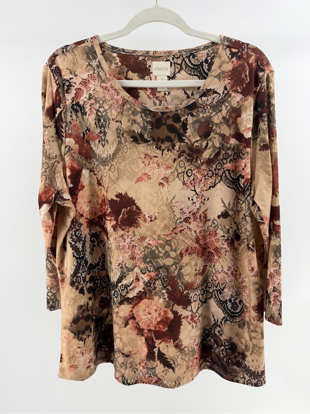 Chico's Floral Lace Boho Print Long Sleeve Soft Stretch Top, Women's XL (3)